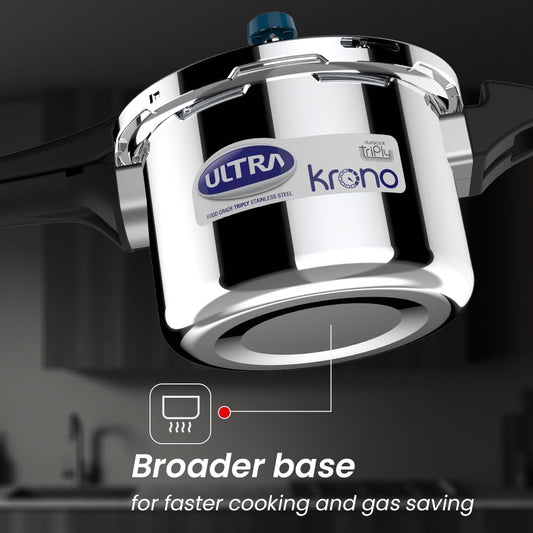 Ultra Triply Krono Pressure Cooker 5.5 Litre | Whistle Counter | Spillage Control | AISI 304 Food Grade Stainless Steel Cooker | 5 Years Warranty | 1.2 MM Lid Thickness | Induction Compatible
