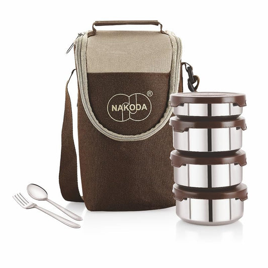 Nakoda Trendy Big Insulated Lunch Pack (4 Stainless Steel Container 200ML | 300ML x 3 | Steel Spoon & Fork) Set of 4-Brown