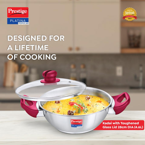 Prestige Platina Popular Stainless Steel Gas and Induction Compatible Kadai with Glass Lid, 280 mm