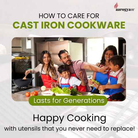 Aarogyam Cast Iron Shallow Fry Omlet Pan Tawa - 8 Inch Diameter, Perfect for 2 Egg Omlet/Uttapam/Roasting, Long Handle, Gas & Induction Compatible, Pre-Seasoned, Naturally Nonstick, Weight 650 Grams