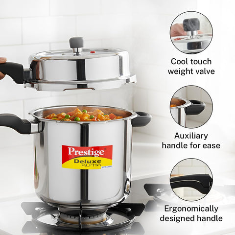 Prestige 10 Litre Stainless Steel Deluxe Alpha Svachh Outer Lid Pressure Cooker | 10Y Warranty | Deep Lid for Spillage Control | TRIPLY Base | Gasket Release System | Gas & Induction Compatible | ISI
