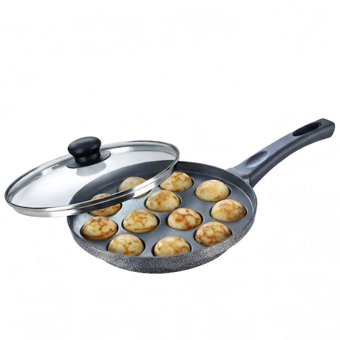Prestige Non-Stick 12 Pits Paniyarakkal 24cm with Glass Lid | Appe Patra | Appe Maker | Omega Select Plus | PFOA Free | Metal Spoon Friendly | Sturdy Handle | 1Y Warranty | ISI Certified