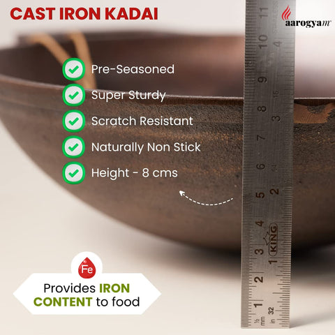 Aarogyam Round Kadai, 9 Inch Diameter, Cast Iron, Pre Seasoned, Loha Kadai, Oven Safe