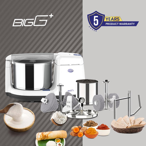Ultra Bigg+ Wet Grinder Celebration Pack | 2.5L Multiutility Drum with Conical Stones | 1L Spice Mix Drum with Cylindrical Stone, Coconut Scraper, Atta Kneader & AISI 304 FoodGrade Stainless Steel