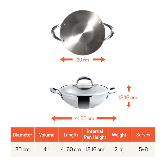 Meyer Select Nickel Free Stainless Steel Kadai | Kadhai with Glass Lid | Steel Kadai with Triply Base for Deep Frying| Gas and Induction Compatible, 30cm/ 4 Liters, Silver
