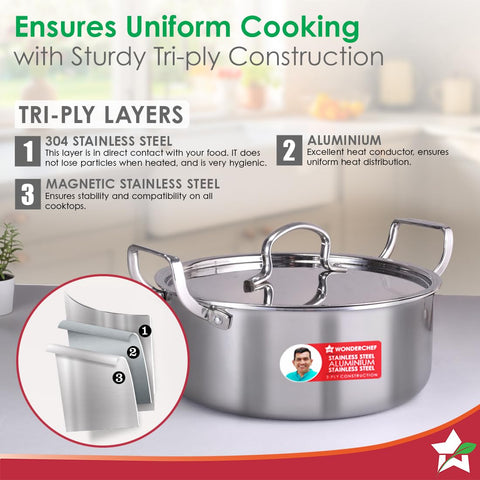 Wonderchef Stella Triply Stainless Steel Casserole with Lid | 24 cm, 4.5 litres | Compatible with Gas Stove, Induction, Ceramic Cooktop | Non-Toxic | Heavy-Duty Handle | 10-Year Warranty
