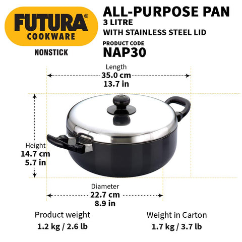 Hawkins Futura Nonstick All-Purpose Pan with Stainless Steel Lid, Capacity 3 Litre, Diameter 22 cm, Thickness 3.25 mm, Black (Q78)