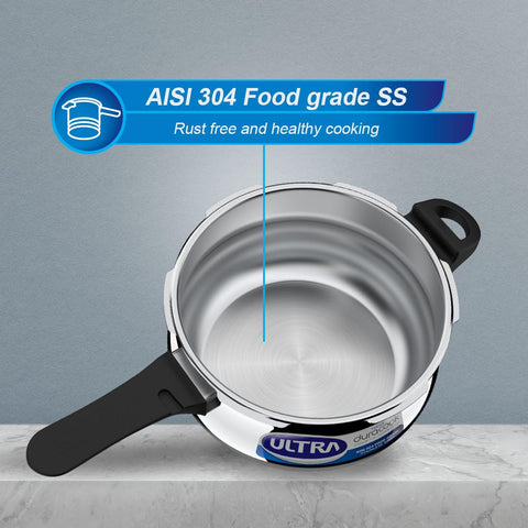ULTRA Duracook Handi 3Liters Stainless Steel Pressure Cooker,AISI 304 Food Grade SS, Froth Collector-Spillage Control,Induction Compatible,Imp Bonded Composite Base,ISI,10Y Warranty