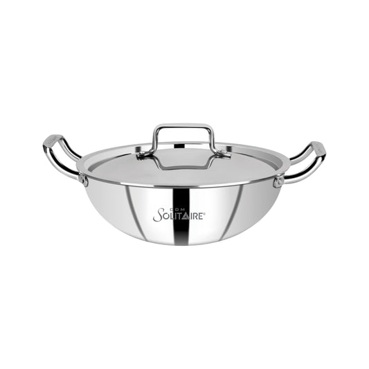CDM SOLITAIRE Elantra Triply Stainless Steel Kadai with S.S Lid (30cm) | Triply Kadai with Heavy Bottom | Induction Friendly Triply Stainless Steel Cookware Kadhai | 5 Year Warranty