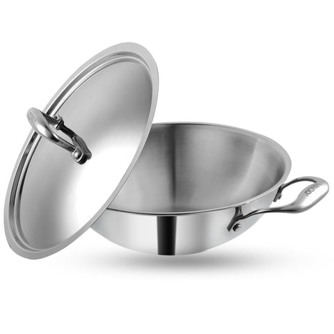Vinod Platinum Triply Stainless Steel Kadai with Lid - 22 cm | Even Heating No Hotspot, Less Oil Healthy Cooking, Heavy Bottom Induction Cookware Kadhai for Cooking & Frying