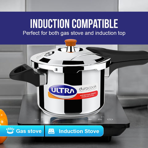 Ultra Duracook Pressure Cooker 3 Litre | AISI 304 Food Grade Stainless Steel Cooker | 10 Years Warranty | High Impact 3-Layer Composite Base | Bakelite Handles | Keeps Food Warm for up to 2 Hours