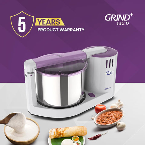 Ultra Grind+ Gold 2 Litre Table Top Wet Grinder - White | Fast Grinding Conical Stones, 150W Motor with 5 Years Warranty | AISI 304 Food-Grade SS Multi Utility Cylindrical Drum, Light Weight