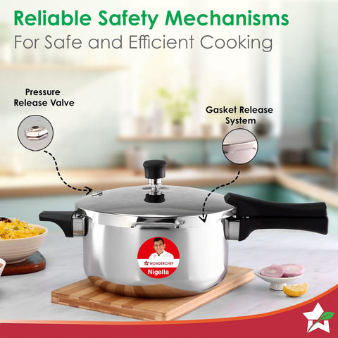 Wonderchef Nigella Triply Stainless Steel Pressure Cooker 5L, Outer Lid, Gas, Induction Compatible & Ceramic Cooktop, ISI Certified, Da Vinci Collection, Uniform Heating, 5-Year Warranty