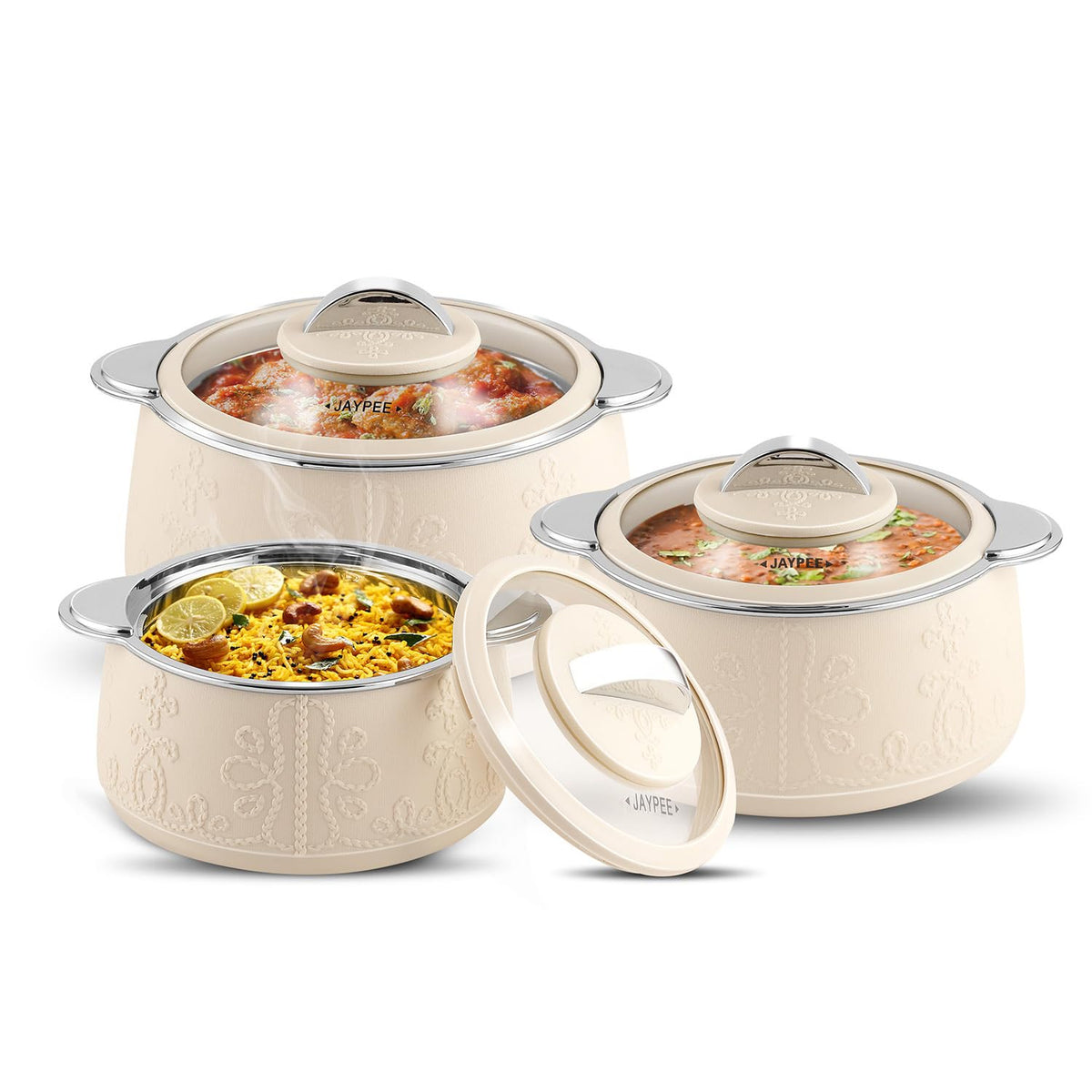 Jaypee Fabrene Serving Set Casserole Set of 3 PUF Insulated |Inner Stainless Steel |Anti Lock Lid Toughened Glass | Hot Box for Serve Chapatti, Dishes, 1000+1500+2000 ml, Ivory