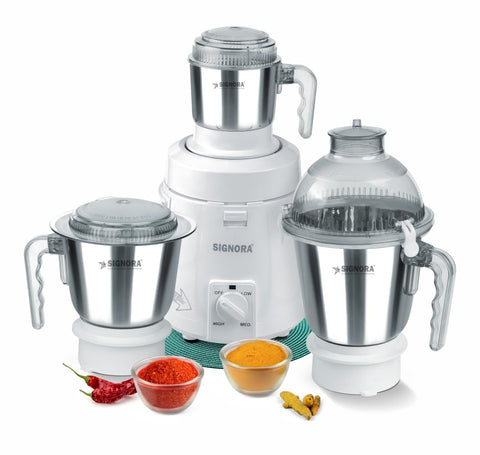Signora Care Dynamatic 945 Watts 3 Speed Control Mixer Grinder | German Double Ball Bearing Motor 22000 Rpm | 5 Years Motor Warranty | Unbreakable Polycarbonate (3 Jars - 0.5L+1L+1.5L) - White