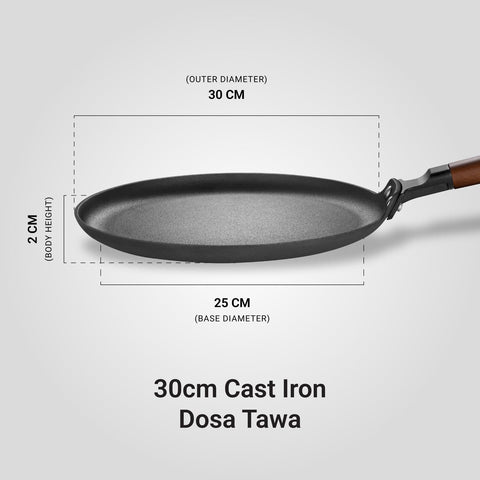 Stahl Blacksmith Signature Dosa Tawa | Flat Cast Iron Pan for Dosas, Pancakes, Chilas, and More | Pre-Seasoned, Induction & Gas Compatible | Acacia Wood Handle | 30cm Tawa