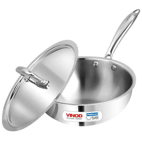 Vinod Platinum Triply Stainless Steel Deep Frying Pan with Lid - 2.5 L, 22 cm | 2.5 mm Thick Tri ply Cookware | Heavy-Bottom Frypan for Healthy, Low-Oil Cooking | Induction and Gas Compatible