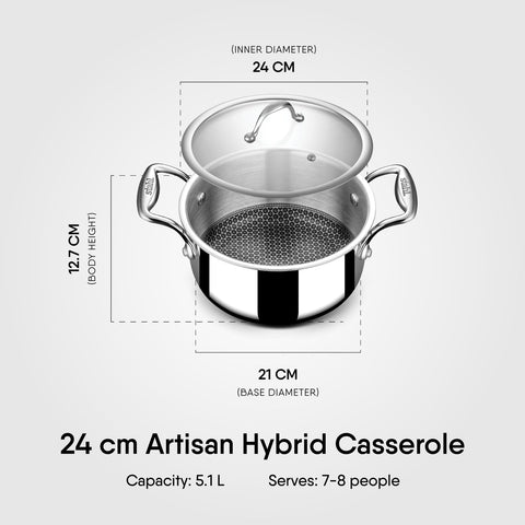 Stahl Artisan Hybrid Casserole 24 cm | Triply Steel with HexaRidge | Stick-Resistant & Durable | Perfect for Family Meals