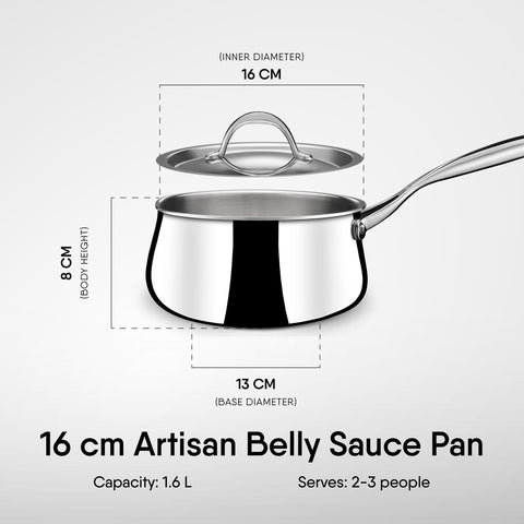 Stahl Artisan Triply Stainless Steel Belly Sauce Pan with Lid, Milk Pan, Stainless Steel Tea Pan, Induction & Gas Stove Compatible, 1.6 L,16 cm