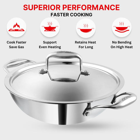 Vinod Platinum Triply Stainless Steel Extra Deep Kadai with Lid - 4.8 L, 28 cm | 2.5mm Thick Base, Even Heating, Less Oil Healthy Cooking, Heavy Bottom Induction Cookware Kadhai for Cooking & Frying