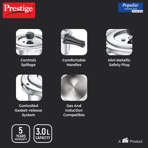 Prestige 3 Litre Stainless Steel Popular Svachh Outerlid Pressure Cooker | Deep lid for spillage control|Gas & Induction Compatible|Controlled Gasket Release System|5 Years warranty|ISI Certified