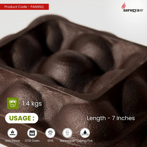 Aarogyam Cast Iron Appam/Kuzhi/Paniyaram/Appe Maker Tawa 9 Cavity Square Double Handle | Pre-Seasoned | Non-Toxic | Naturally Non-Sticky | Gas Compatible | No Chemical Coating