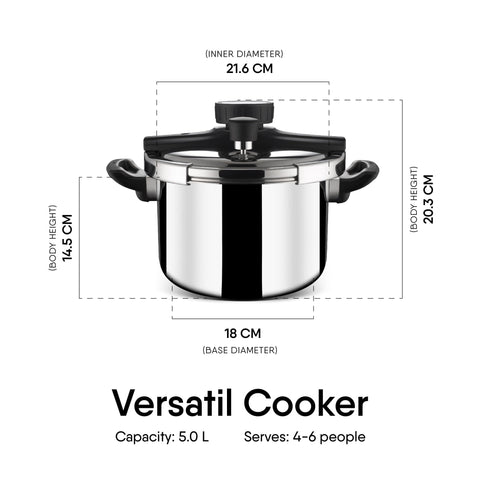 Stahl Versatil Triply Pressure Cooker, 5 L, Induction Cooker, Outer Lid Pressure Cooker, Induction & Gas Stove Compatible, 5 Years Warranty, Stainless steel, Silver