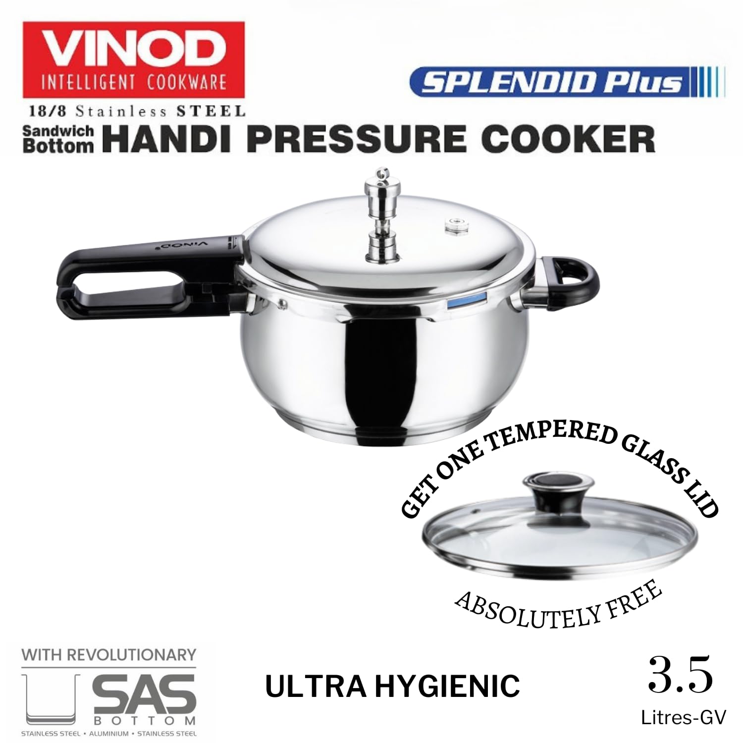 Vinod Splendid Plus 3.5L Stainless Steel Handi Cooker | Glass Lid
