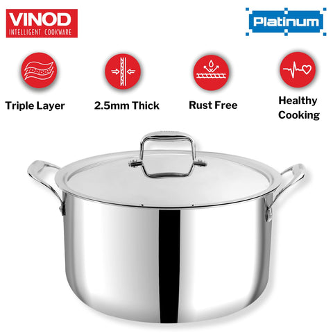 Vinod Platinum Triply Stainless Steel Biryani/Sauce Pot with Lid 30 cm | Heavy Bottom | Multipurpose Cooking Pot | Riveted Handles | Induction & Gas Compatible