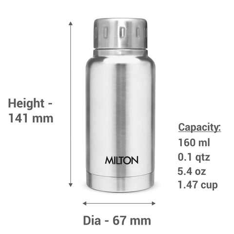 Milton Elfin 160 Thermosteel Bottle, 160 ml Water Bottles, 24 Hours Hot and Cold, Easy to Carry, Easy Grip, Rust Proof, Tea, Coffee, Office, Travel Bottle, Silver