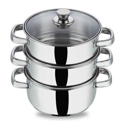 Vinod Stainless Steel 3-Tier Steamer with Glass Lid, 18 cm | Multi-Purpose Steamer for Momos, Modaks, Vegetables & More | Riveted Handles | Induction & Gas Base | 2 Yr Warranty
