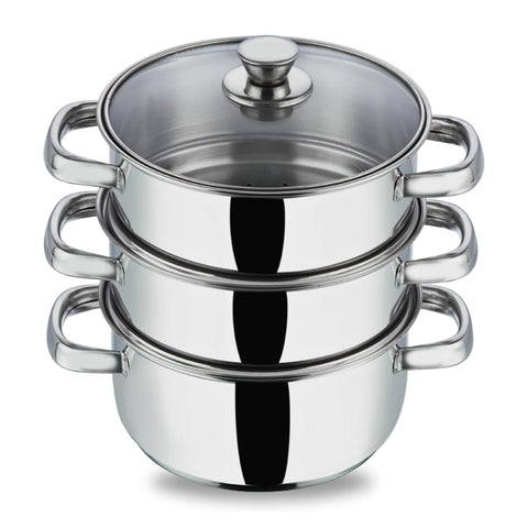 Vinod Stainless Steel 3-Tier Steamer with Glass Lid, 18 cm | Multi-Purpose Steamer for Momos, Modaks, Vegetables & More | Riveted Handles | Induction & Gas Base | 2 Yr Warranty