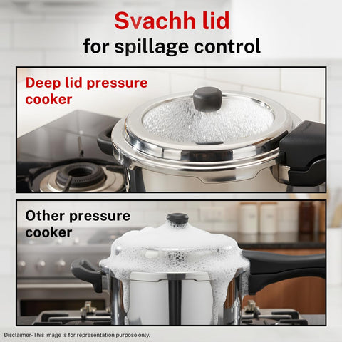 Prestige 6.5 Litre Stainless Steel Deluxe Alpha Svachh Outer Lid Pressure Cooker | 10Y Warranty | Deep Lid for Spillage Control | TRIPLY Base | Gasket Release System | Gas & Induction Compatible | ISI