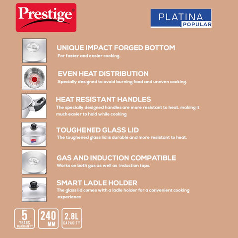 Prestige Platina Popular SS Kadai 240mm - Forged Induction Bottom Base