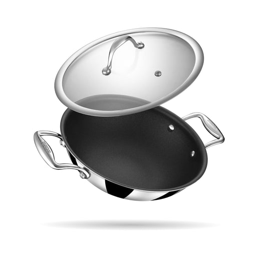 Stahl Artisan Schild | 24 cm Kadhai Triply Stainless Steel + PEEK-Reinforced Non-Stick Kadhai | Induction & Gas Compatible | with Glass Lid | 5-Year Warranty