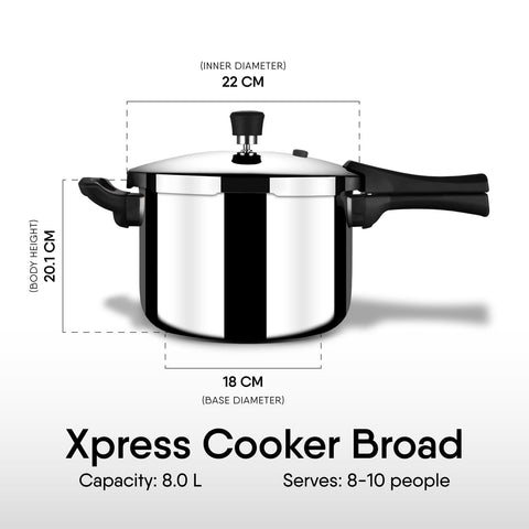 Stahl Xpress Cooker Triply Pressure Cooker Broad, Induction Cooker, Outer Lid Pressure Cooker 8 Liters, Induction & Gas Stove Compatible, 5 Years Warranty, Stainless Steel, Silver