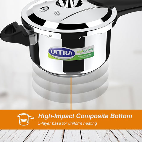 Ultra Duracook Diet Cooker 5.5 Litre | Excess Starch Remover | Diet Friendly | AISI 304 Food Grade Stainless Steel Cooker with 10 Years Warranty | Anti Bulging SCTS base | Spillage Control