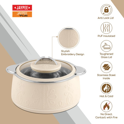 Jaypee Fabrene Serving Set Casserole Set of 3 PUF Insulated |Inner Stainless Steel |Anti Lock Lid Toughened Glass | Hot Box for Serve Chapatti, Dishes, 1000+1500+2000 ml, Ivory