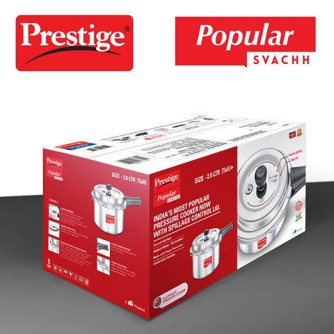 Prestige Popular Svachh Aluminium Outer Lid Pressure Cooker (Tall), 2.0 Litre - Silver, Medium (10163)