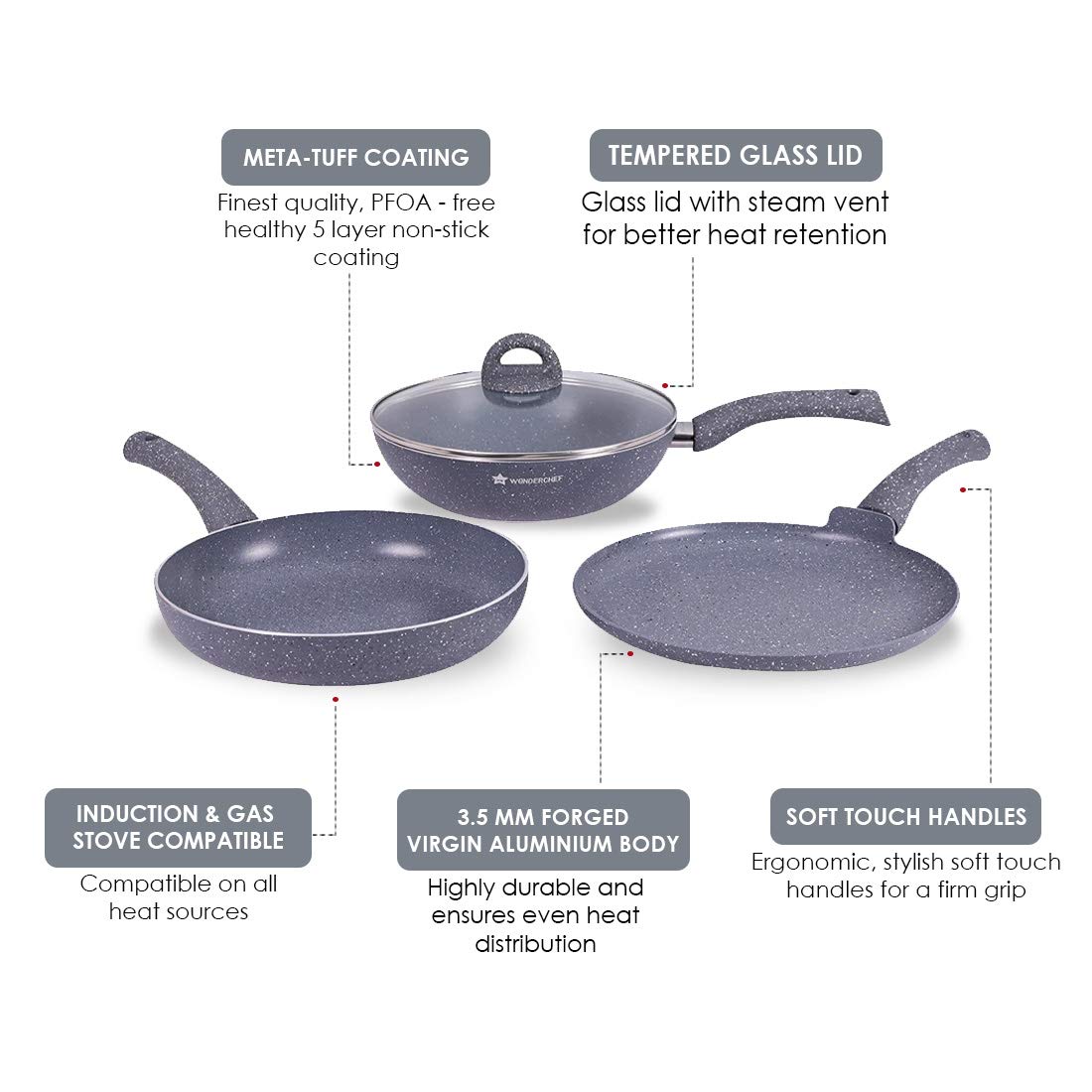 Wonderchef Granite 4-Piece Nonstick Cookware Set | Induction-Friendly