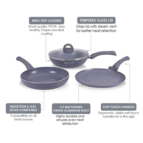 Wonderchef Granite 4-Piece Nonstick Cookware Set | Induction-Friendly
