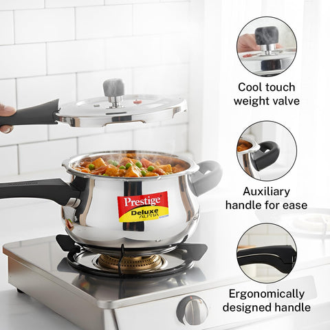 Prestige 3 Litre Stainless Steel Deluxe Alpha Svachh Outer Lid Pressure Cooker | Mini Handi | 10Y Warranty | Deep Lid for Spillage Control | TRIPLY Base | GRS |Gas & Induction Compatible | ISI