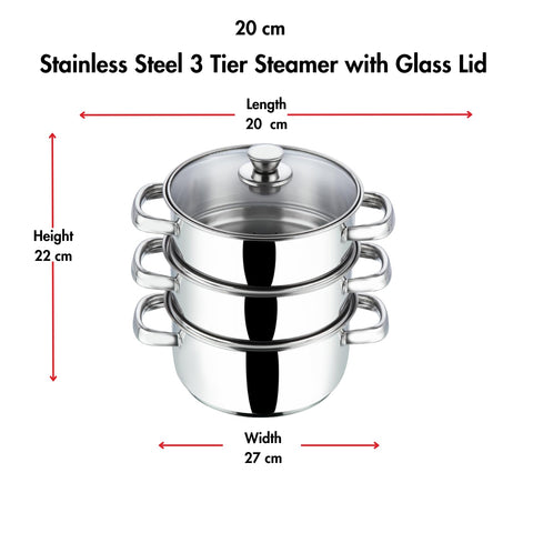 Vinod Stainless Steel 3-Tier Steamer with Glass Lid, 20 cm | 2.5 mm Thick Base | Multi-Purpose Steamer for Momos, Modaks, Vegetables & More | Riveted Handles | Induction & Gas Base | 2 Yr Warranty