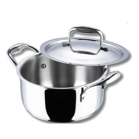 Vinod Platinum Triply Stainless Steel Saucepot with Stainless Steel Lid 6.8 litres Capacity (26cm Diameter) with Riveted Handles - Silver (Induction and Gas Stove Friendly)