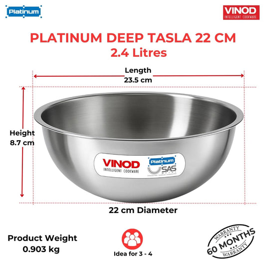 Vinod Platinum Triply Stainless Steel Extra Deep Tasla/Kadai - 2.4 litres, 22 cm | 2.5 mm Thick Heavy Bottom, Fast & Even Heating, Less Oil Healthy Cooking, Induction Base Kadhai for Frying & Dough