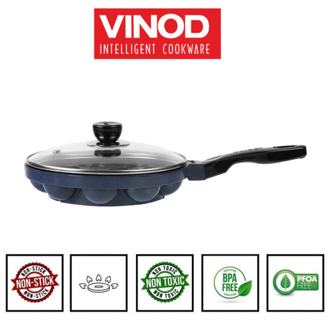 Vinod Zest Non-Stick Paniyarakkal with Glass Lid, 22 cm Diameter | 3-Layer Coating | Metal Spoon Friendly | PFOA-Free | Gas Stove Compatible | 1 Year Warranty