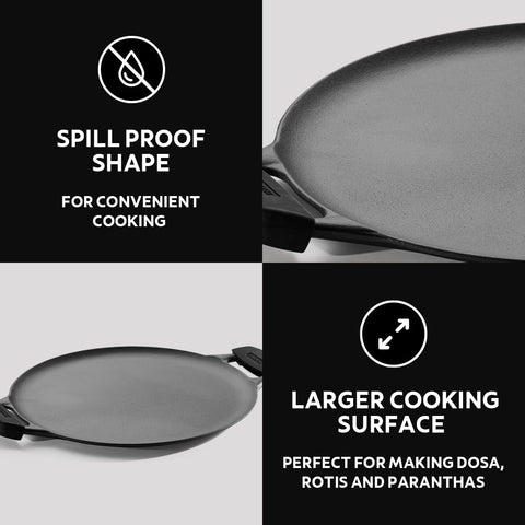 TRAMONTINA TITANEX 30cm Cast Iron Dosa Tawa | Pre-Seasoned Flat Tawa with Raised Edges | Dual Side Handles | Gas & Induction Compatible | for Dosa, Uttapam, Paratha.