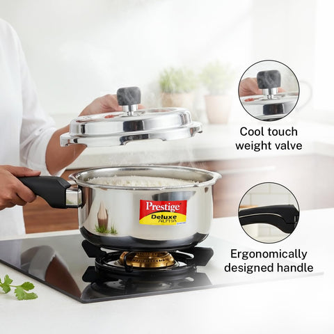 Prestige 2 Litre Stainless Steel Deluxe Alpha Svachh Outer Lid Pressure Cooker | 10Y Warranty | Deep Lid for Spillage Control | TRIPLY Base | Gasket Release System | Gas & Induction Compatible | ISI