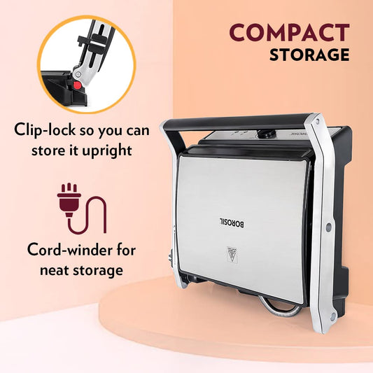 Borosil 2000W Super Jumbo Grill Sandwich Maker | Can Make 4 Jumbo Sandwich At a Time | Oil Drip Tray Collector | Non-Stick Coating Plates Opens to 180° | Power Indicators | 2 Year Warranty