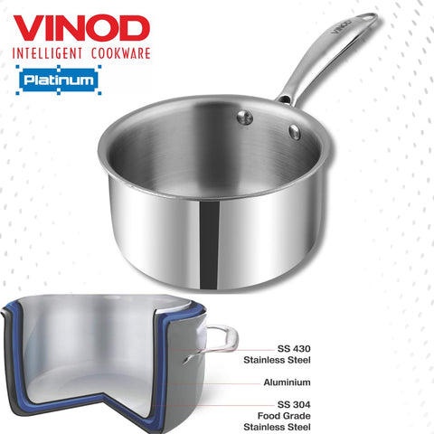 Vinod Platinum Triply Stainless Steel Milkpan - 1.5 Litre, 16 cm | Easy Pour Spout | Tea/Milk/Chai Pan | Rivetted Sturdy Handle | Induction & Gas Base | 5 Year Warranty